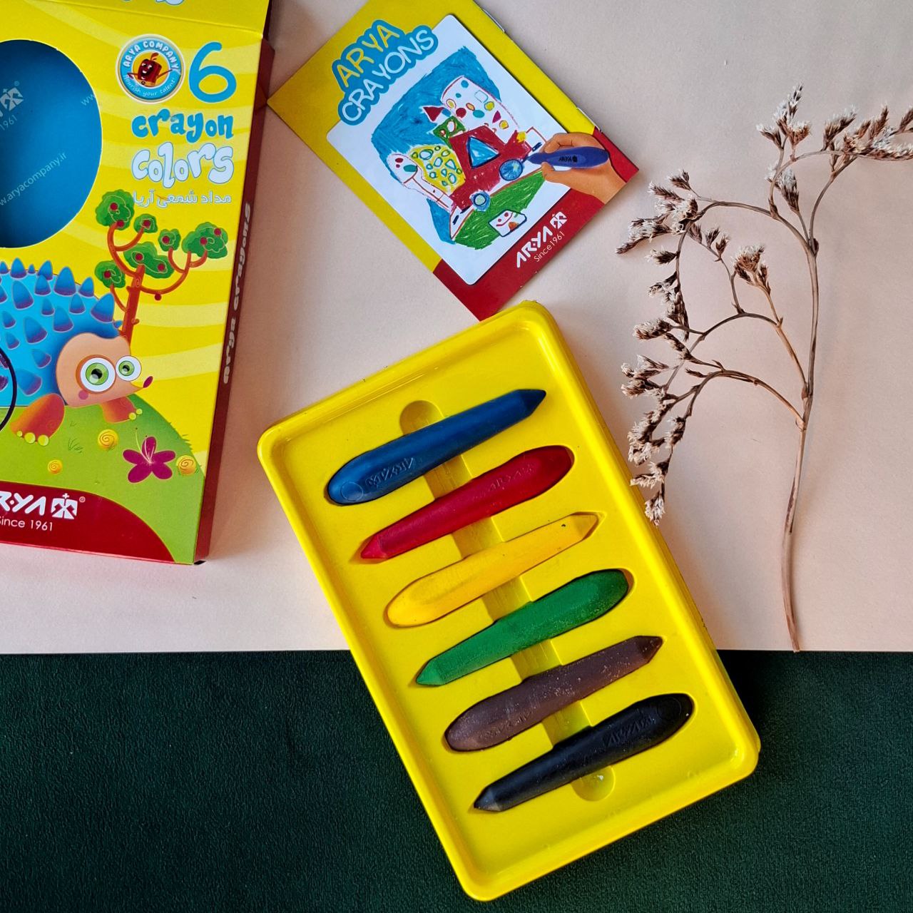 پاستل کرایون معمولی 6 رنگ مقوایی آریا- نوشت افزار اکباتان